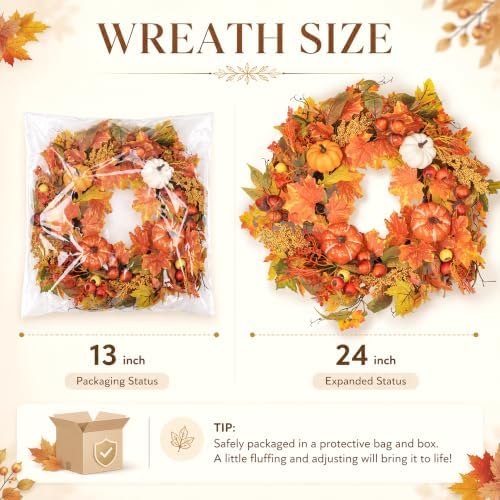 24 Inch Fall Wreath for Front Door with Storage Bag, Autumn Pumpkin Wreaths with Orange Maple Leaf and Berries for Outdoor, Farmhouse Porch Thanksgiving and Harvest Festival Parties - Image 5