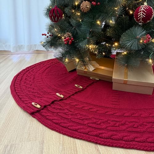 72-Inch Cable Sweater Knit Christmas Tree Skirt with Wooden Toggles, Burgundy - Image 6