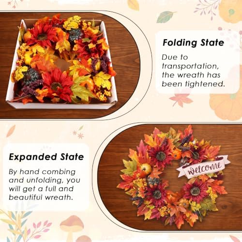Autumn Wreaths for Front Door Decor Artificial Flower, 20" Fall Pumpkin - Image 6