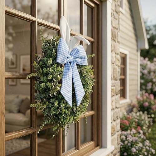 24" Easter Wreath for Front Door, Artificial Green Boxwood Spring Wreath with Bunny Ears & Blue Plaid Bow, Spring Easter Outdoor/Indoor Decor for Home Farmhouse Office Porch Wall Mantel Window - Image 6