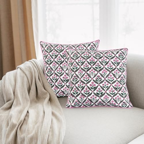 Ridhi Block Print Pink and White Pillow Cover 20" x 20" (Pack of 2) Decorative Couch Pillows for Living Room, Chic Boho Cute Outdoor Pillows Covers Gifts for Spring, Easter and Valentine - Image 3