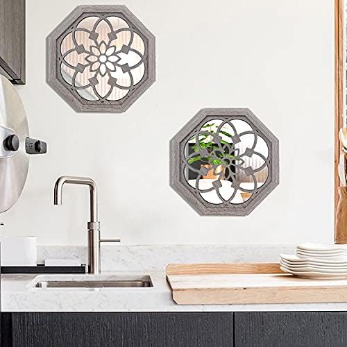 ZOLAPI 2 PCS Octagon Wall-Mounted Mirrors,Vintage Farmhouse Mirror for Wall Decor,Barn Wood Color Decorative Accent Mirror for Foyer, Bathroom, Bedroom. (12”x12”) - Image 4