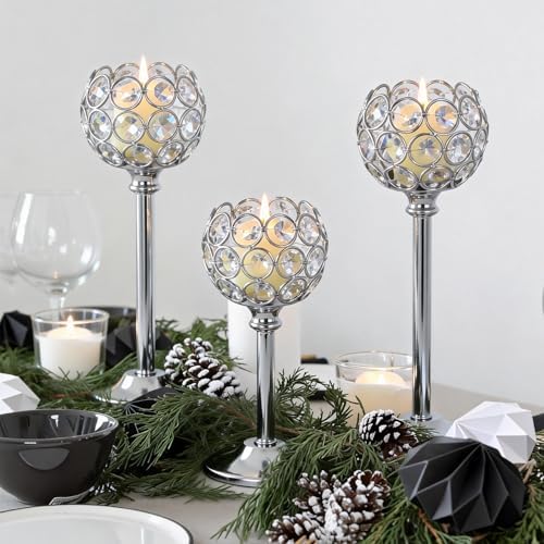 Silver Crystal Candle Holders Candlestick Holders - 4 Sets Tall Bling Bowl Candelabra Centerpieces for Dining Table, Wedding, Party & Fireplace Mantel Decor,12Pcs - Image 3