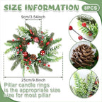 8 Pcs Christmas Candle Rings Wreaths Artificial Snowy Pine Cedar Red Berry Clusters Candle Rings Wreaths Mini Christmas Balls Wreath for Xmas Winter Front Door Window Decorations - Image 3