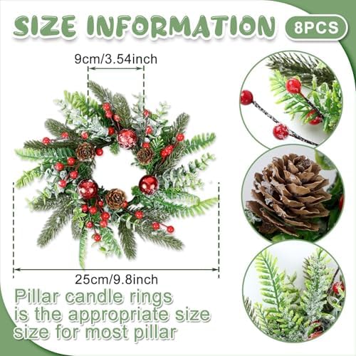 8 Pcs Christmas Candle Rings Wreaths Artificial Snowy Pine Cedar Red Berry Clusters Candle Rings Wreaths Mini Christmas Balls Wreath for Xmas Winter Front Door Window Decorations - Image 3