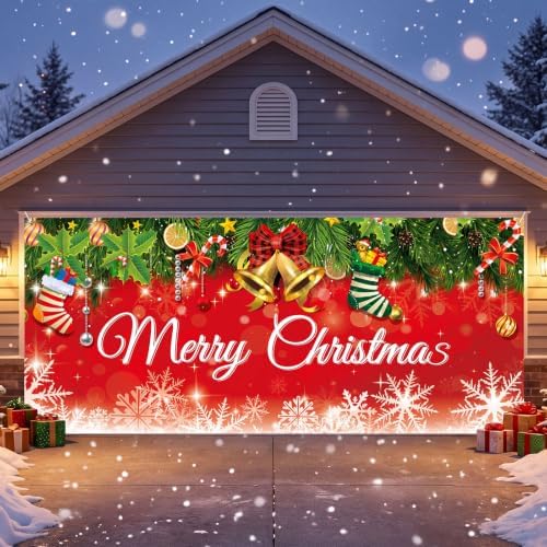 WovWeave 7 x 16 Ft Christmas Garage Door Cover, Bells and Stockings - Image 5