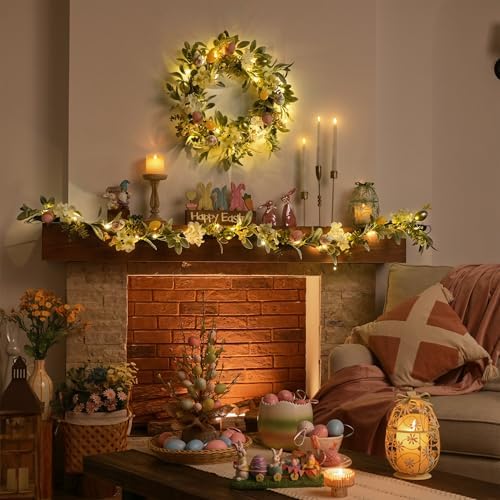 Valery Madelyn 24'' Collapsible Lighted Easter Wreaths for Front Door, Pre-lit Spring Door Wreath with Pastel Eggs, Daisy Flowers & Silk Lambs Ear Leaves, Farmhouse Indoor Outdoor Wall Window Decor - Image 2