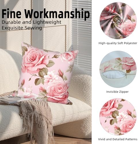 Pink Throw Pillow Covers Rose Floral Peony Flower Green Leaves Blooming Set of 4 Vintage Rustic Cushion Covers 24x24 Watercolor Square Pillowcases for Couch Sofa Bedroom Patio Farmhouse - Image 2