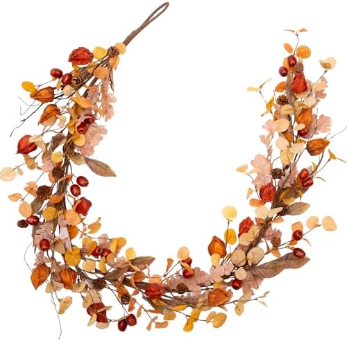 5 Feet Fall Garland Artificial Harvest Garland with Fall Leaves and Cape Gooseberries for Decorations by VGIA