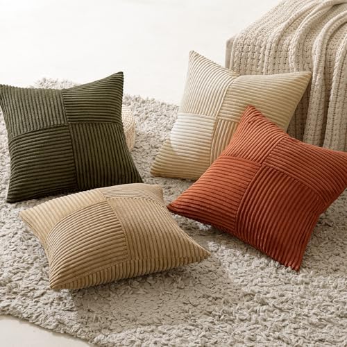 MIULEE Rust-Olive Green Decorative Throw Pillow Covers 16x16 Inch Set of 4 Boho Color-Clash Cushion Cases Farmhouse Pillow Cases Corduroy Striped Home Decor for Couch Sofa Living Room Bed - Image 3