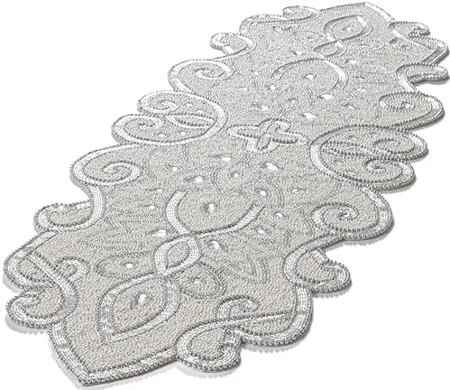 Beaded Table Runner Decorative Hand Glitz Rustic Farmhouse for Scalloped Design - 13x36 Inch - Ivory Silver - Image 2