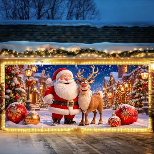 Cute Santa Claus Reindeer Christmas Garage Door Banner 7x16 FT, Large 2-Car Winter Wonderland Outdoor Wall Mural Backdrop, Funny Holiday Hanging Cover Sign Decoration for House Exterior Party by THISFIND