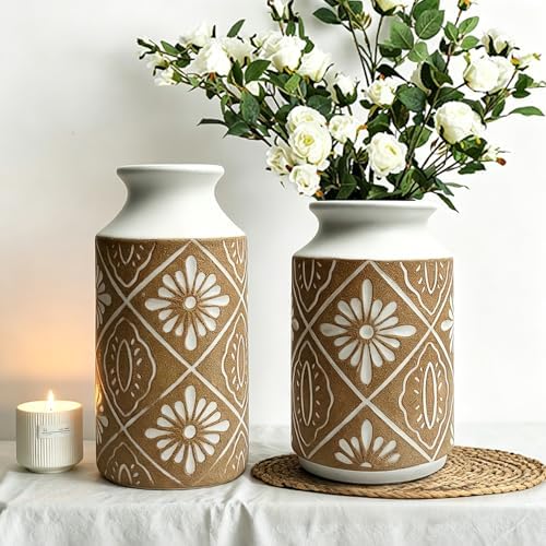Rustic Ceramic Vase Set of 2 for Living Room Bedroom 11.02'' and 9.05'' Large Unique Flower Vases for Home Decor Office Centerpieces Fireplace Vintage Antique Farmhouse Modern Gift for Plant - Image 2