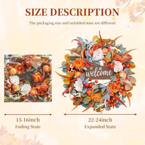 Fall Wreath for Front Door, 24 Inch Autumn Wreath with lamb's Ear Leaves, Roses, Berries & Wooden Sign,Fall Decorations for Home, Artificial Flowers Harvest and Thanksgiving Indoor & Outdoor - Image 3