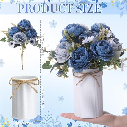 Domensi 6 Sets Wedding Centerpiece for Table Decoration Dusty Blue Artificial Fake Rose Flower with Metal Vase Faux Silk Rose Bouquet Floral Arrangement for Bridal Shower Home Dining - Image 3