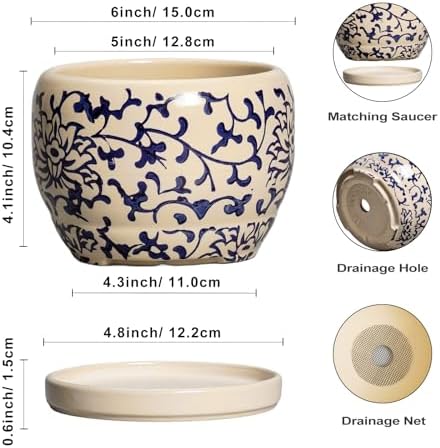 SQOWL Ceramic Flower Pots - 6 Inch Plant Pot Indoor with Drainage Hole and Saucer, Porcelain Ceramic Planter Outdoor, Decorative Round Small Planter, House Decor, Plant Lover Gifts, Blue and Beige - Image 3