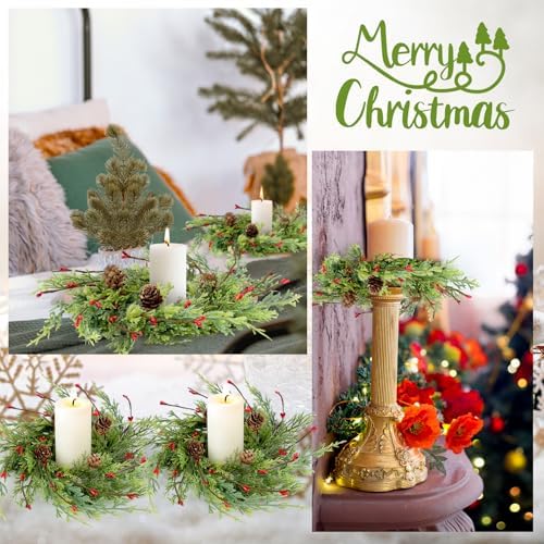 12 Pcs Artificial Christmas Candle Rings 9 Inch Cedar Pine Garland Wreaths with Red Berries Pinecones Wreaths Pine Needles Candle Ring Holder for Christmas Winter Decorations Table Centerpiece - Image 6