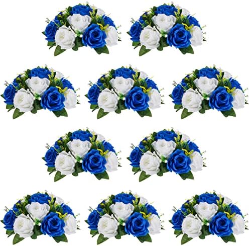NUPTIO Flower Ball Arrangement Bouquet - 10 Pcs 9.5 inch Diameter Royal Blue Fake Flowers Roses Balls for Centerpieces Tables - Artificial Rose Arrangements for Wedding Centerpiece Table Decorations by Nuptio