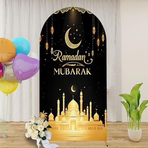 6.6FT Arch Backdrop Cover Black Gold Eid Ramadan Mubarak Photography Holiday Welcome Crescent Wedding Arch Cover Spandex Fitted Stretchy Backdrop Stand Covers for Birthday Party Wedding Decoration by Unknown