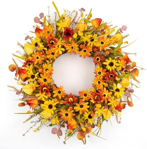 JINGHONG Fall Wreaths for Front Door 22 Inch Artificial Fall Wreath Floral Autumn Wreath with Colorful Daisies Orange Foliage for Indoor Outside Door Harvest Festival Thanksgiving Day Celebration by JINGHONG