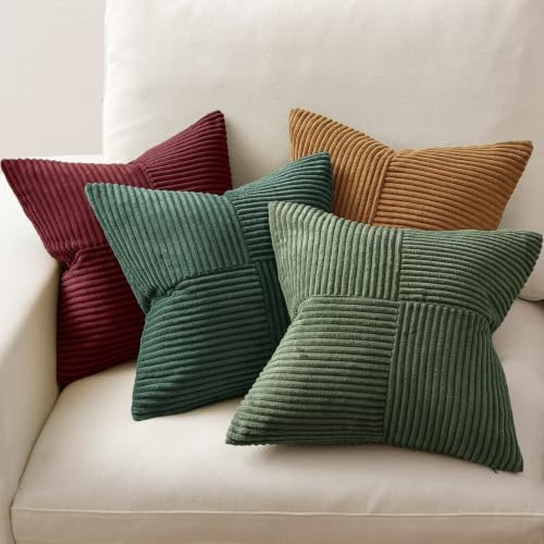 MIULEE Boho Christmas Green Decorative Throw Pillow Covers 20x20 Set of 4 Farmhouse Cushion Covers Color-Clash Corduroy Pillow Cases Modern Soft Corduroy Patchwork Home Decor for Couch Sofa Bedroom - Image 4