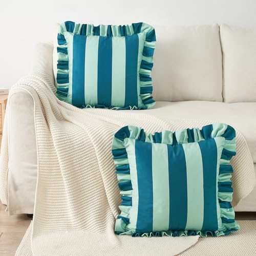 MONDAY MOOSE Decorative Throw Pillow Covers, Set of 2 Water-Resistant Striped Design with Ruffle Edge for Outdoor/Indoor Use, Pillow Inserts Not Included (18x18 inch, Blue/Light Blue) - Image 5