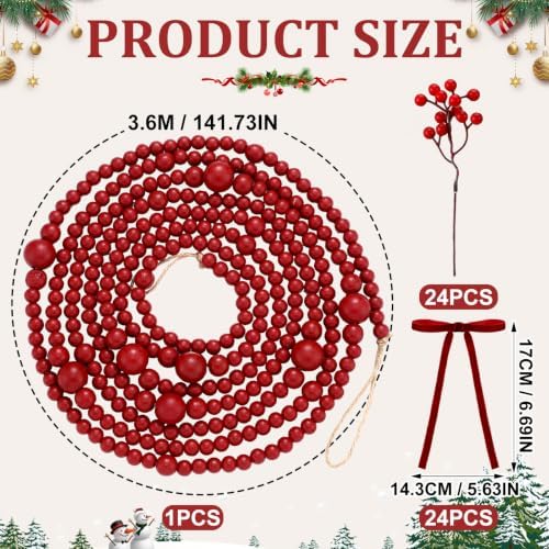 WinnerWhy 49 Pcs Christmas Garland Set, Wood Bead Holly Berry Velvet Bows - Image 2