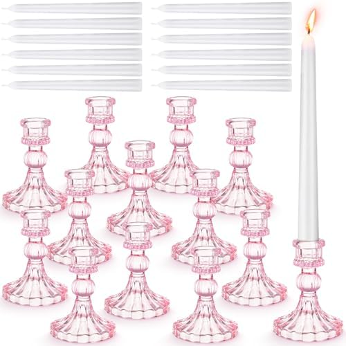 Suclain 24 Pcs Glass Candle Holder Set 12 Candlestick White Candles,Pink by Suclain
