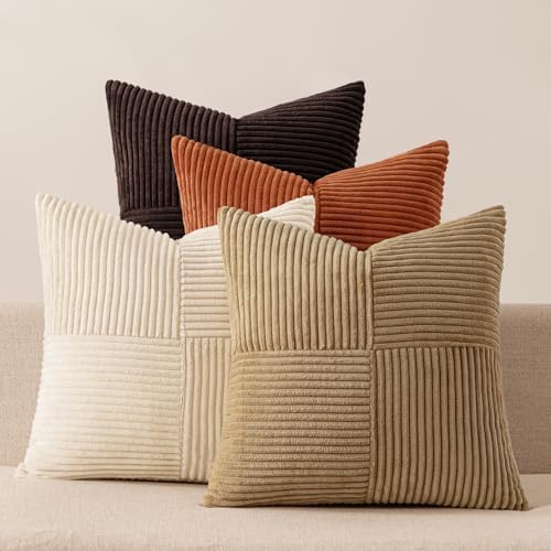 MIULEE Brown Beige Throw Pillow Covers 18x18 Inch Set of 4 Boho Farmhouse Cushion Cases for Livingroom Couch Bed Soft Corduroy Pillow Cases with Invisible Zipper Home Decor by MIULEE