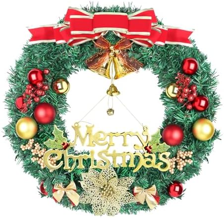 Christmas Wreaths for Front Door, Artificial Christmas Wreath with Bow, Bells, Berries, Gold Flowers and Holiday Decor Sign, Winter Wreaths for Fireplace, Windows, Wall Decor(20 Inches) by Unknown