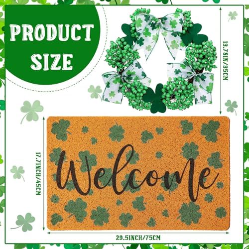 Drydiet St. Patrick's Day Decoration Set Include Non Slip Welcome Clover Imitation Coir Doormat Irish Green Shamrock Wreath with Bow for Spring Outdoor Front Door Entrance Home Wall Window Porch Decor - Image 2