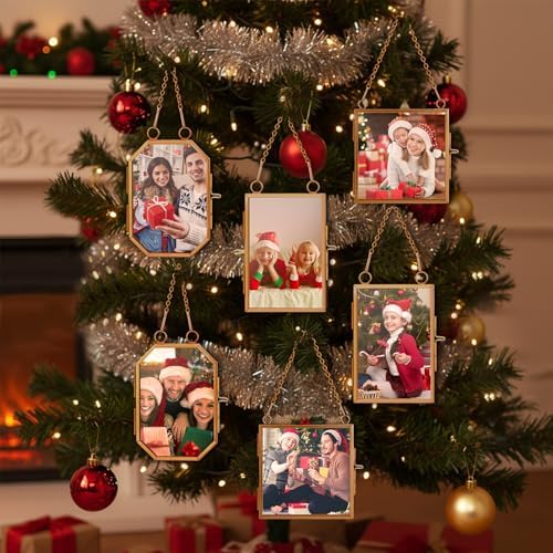 Qunclay 6 Pcs 2x3” 2.5x3.5” 3.2x3.2” Christmas Brass Picture Frame Ornaments Square Rectangle Octagon Christmas Metal Double Glass Hanging Photo Frame with Metal Chain for Xmas Tree Decorations(Gold) - Image 5