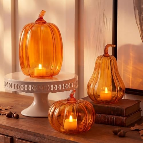 Yungyan Set of 3 Glass Pumpkin Fall Decor Table Centerpiece, Orange by Yungyan