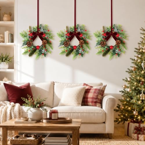 10 PCS Mini Christmas Wreaths for Cabinets 9" Christmas Kitchen Cabinet Small Wreaths with Red Ball Red Berry Pine Needles for Indoor Outdoor Farmhouse Home Wall Window Festival Wedding Decor - Image 6