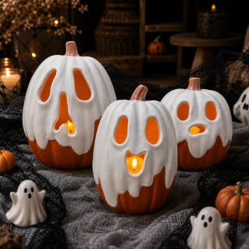 Halloween Decorations - 11" H Resin Ghost Pumpkin with Flameless Candle for Indoor Outdoor - Cute Spooky Decoration Tables Centerpieces Halloween Decor for Porch Home Front Door Mantel by Thigreact