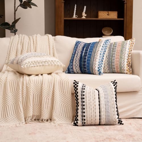 Boho Chenille Tufted Throw Pillow Covers 18x18 Inch Set of 2 Farmhouse Cream White Woven Striped Decorative Pillowcases for Couch Sofa Bed - Image 3