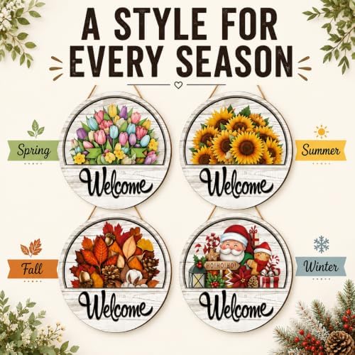 16 Pcs Interchangeable Welcome Sign for Front Door, 12 Inch Wooden Round Door Hanger with 15 Magnetic Seasonal Icons, Farmhouse Porch Entryway Decor for Holiday & Year Round，1Set - Image 6