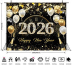 2026 Happy New Year Backdrop 10x8ft Black and Gold New Years Backdrop with Balloons Champagne Photography Background for New Year's Eve Party Photo Props - Image 5
