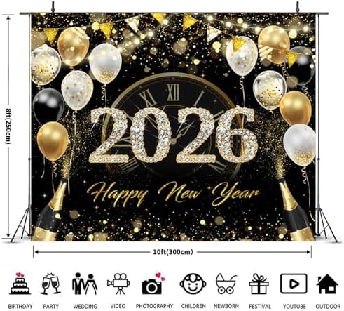 2026 Happy New Year Backdrop 10x8ft Black and Gold New Years Backdrop with Balloons Champagne Photography Background for New Year's Eve Party Photo Props - Image 5