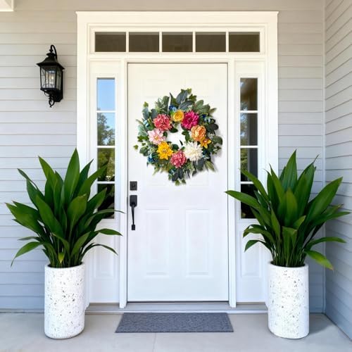 24 Inch Spring Wreaths for Front Door,Spring Wreaths,Spring Summer Door Wreaths with Yellow and Pink Dahlia Hydrangea Peony Flower Wreath for Outside Indoor Outdoor Home Porch Wall Decor - Image 2