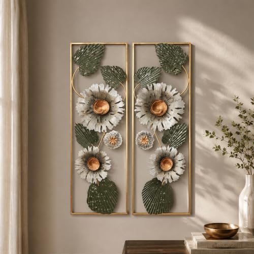 BIOGRN Metal Wall Art Set of 2, 3D Framed Floral Metal Wall Art Decor by BIOGRN