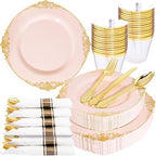 Nervure 175Pcs Pink Plastic Plates, Disposable Party Plates for 25 Guests by Nervure