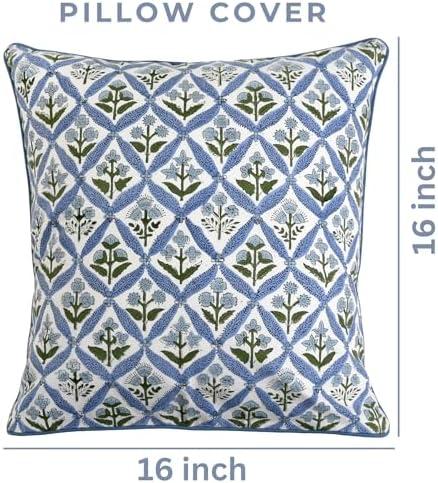 Ridhi Block Print Light Steel Blue Pillow Cover 16" x 16" (Pack of 2) Decorative Couch Pillows for Living Room, Chic Boho Cute Outdoor Pillows Covers Gifts for Spring, Easter and Valentine - Image 3