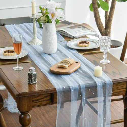 Artoid Mode 6PCS Pearl Blue Gauze Table Runner 120 Inch 10FT, Seasonal Sheer Dining Holiday Wedding Birthday Baby Shower Table Decor for Home Party - Image 2