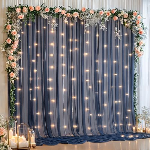 20x10ft Navy Blue Tulle Backdrop Curtain with Lights String for Parites, Sheer Backdrop Curtains for Wedding Baby Shower Birthday Party Photo Shoot Decorations - Image 2