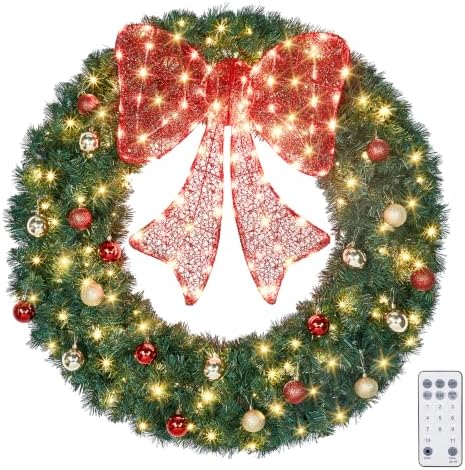 VINGLI 48 Inch Pre Lit Christmas Wreath with Remote, Light up Red Bow by VINGLI