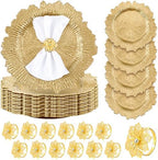 Dandat 48 Pcs Charger Plate Bulk 13'' Floral Reef Plates with Napkin Ring Plastic Dinner Charger Hollow Out Flower Napkin Holder Plastic Plate for Table Setting Wedding Party (Champagne Gold) by Dandat