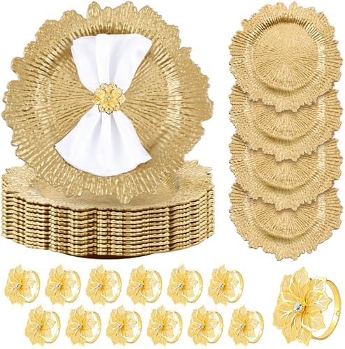 Dandat 48 Pcs Charger Plate Bulk 13'' Floral Reef Plates with Napkin Ring Plastic Dinner Charger Hollow Out Flower Napkin Holder Plastic Plate for Table Setting Wedding Party (Champagne Gold) by Dandat