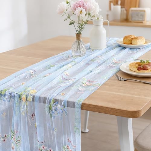 BINBE 12pcs Blue Florals Table Runner Embroidery Gauze 10FT Daisy Seasonal Tulle Birthday Wedding Holiday Kitchen Dining Table Decor for Home Party - Image 4