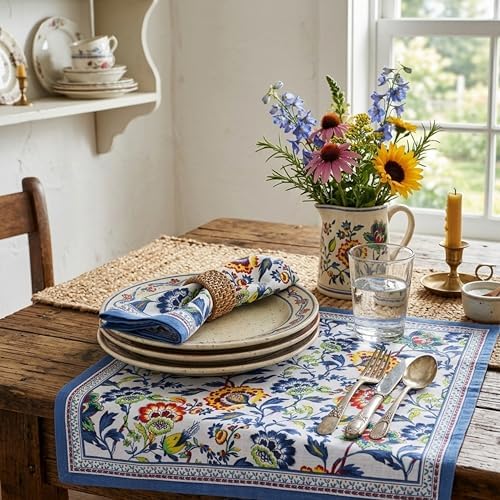 FINGERCRAFT Cloth Napkins Set of 12 Cotton Linen, 20x20 Inch, Blue Floral - Image 4